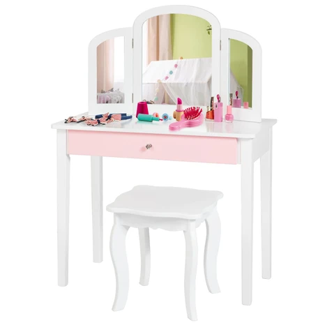 Măsuţă de toaletă pentru copii 2 în 1 cu oglindă triplă rabatabilă şi sertar de culoare albă